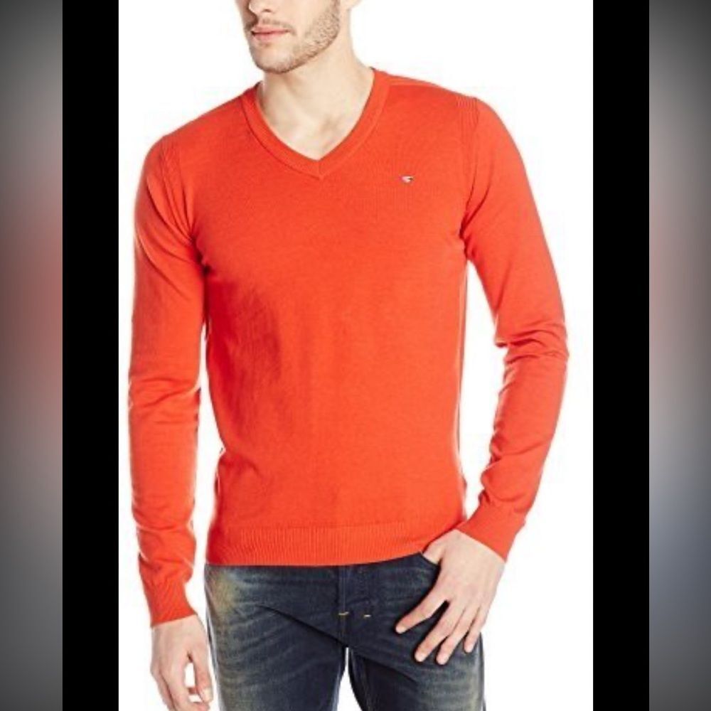 Diesel men’s soft fiery orange soft v-neck sweater with logo and ribbed cuffs